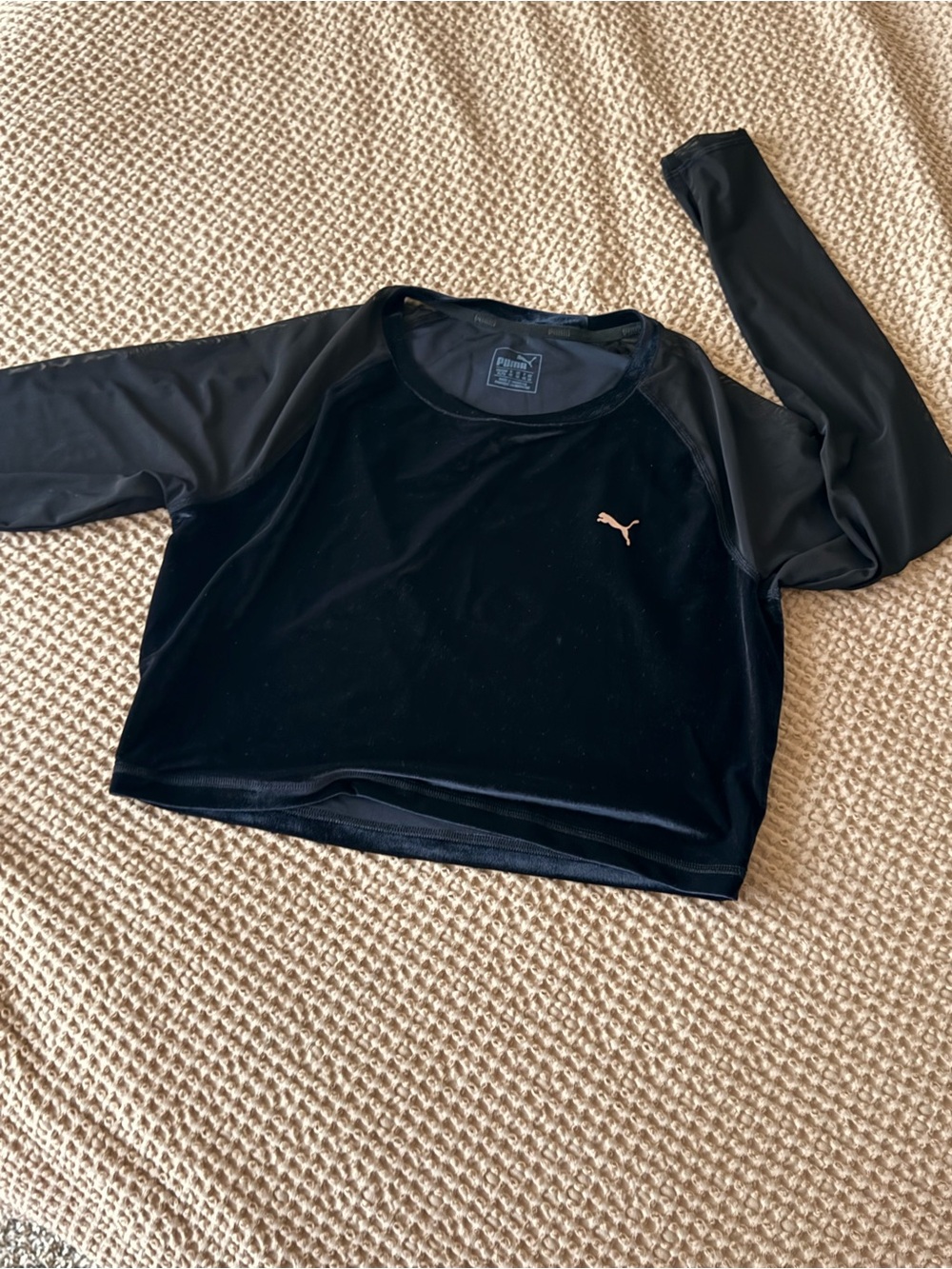 Puma Black Velvet Cropped Long-Sleeve Top with Pink Logo